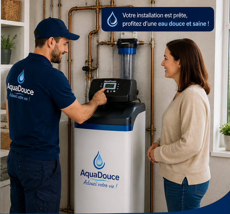 Technicien AquaDouce expliquant la mise en service d'un adoucisseur d'eau à une cliente