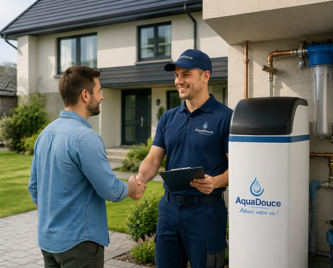 Technicien AquaDouce serrant la main d'un client devant un adoucisseur d'eau installé
