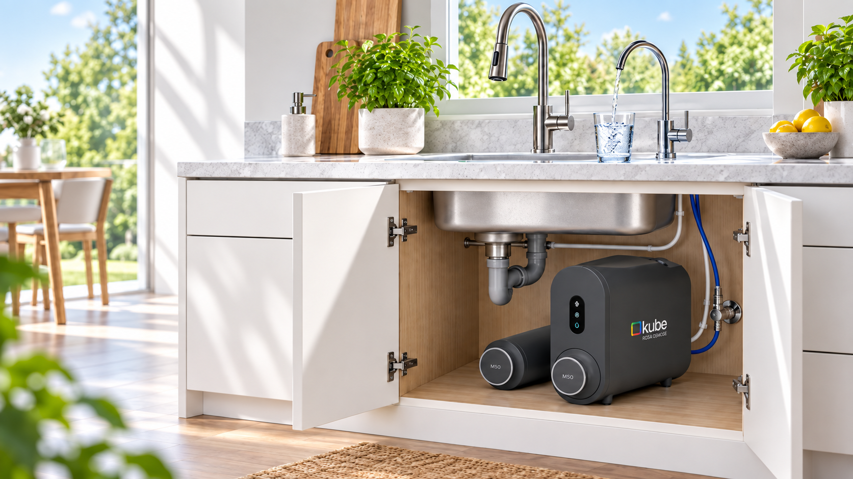 Osmoseur compact installé sous un évier de cuisine